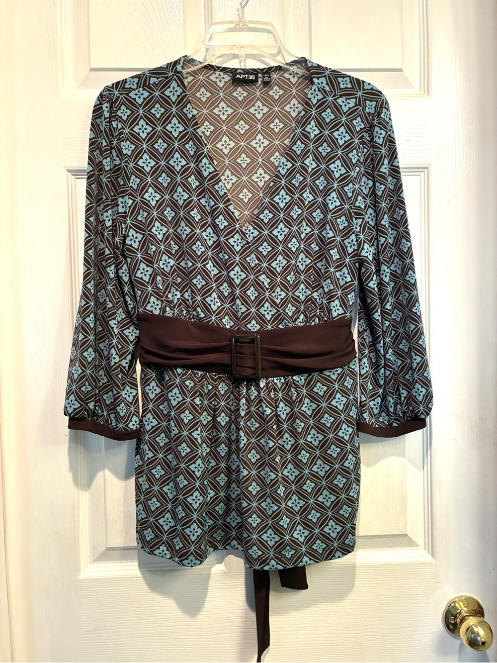 Apt. 9 Brown and Blue Geometric Wrap Tunic with Waist Sash